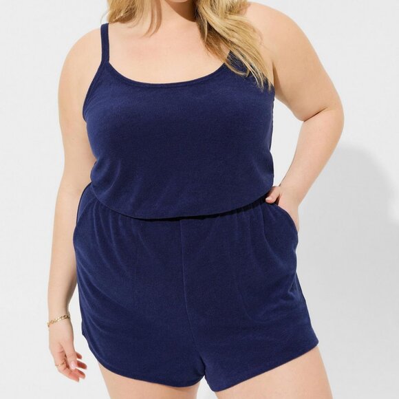 ❤️NWT VINTAGE TORRID ROMPER SWIM COVER -  SLEEVELESS TERRY POCKETS - SHORTS PLUS - Picture 1 of 14